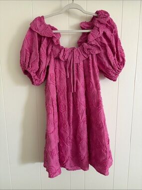 Fuchsia Puff-Sleeve Floral Textured Mini Dress